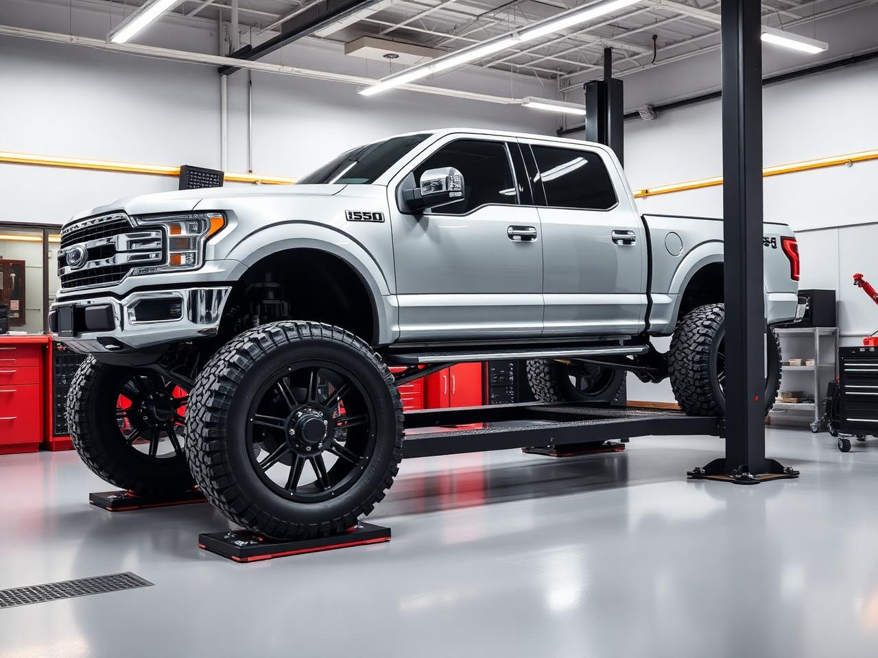 Lifted pickup truck set up on the four-wheel alignment rack