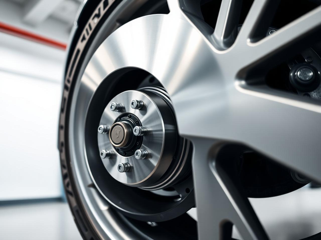 Freshly installed brake rotor and hub behind an alloy wheel