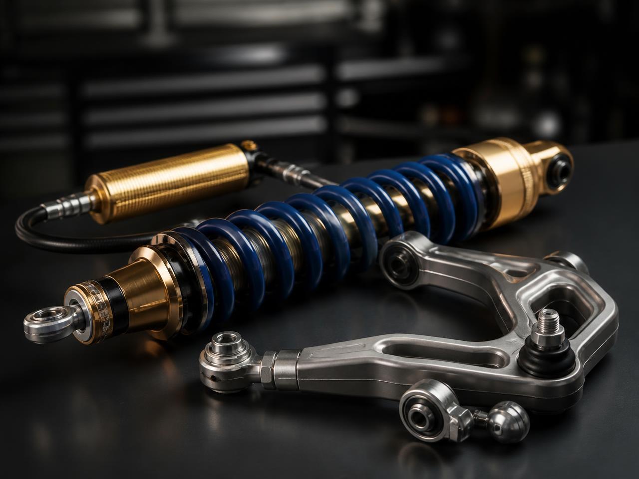 Heavy-duty remote-reservoir coilover shock and machined upper control arm on a workshop bench