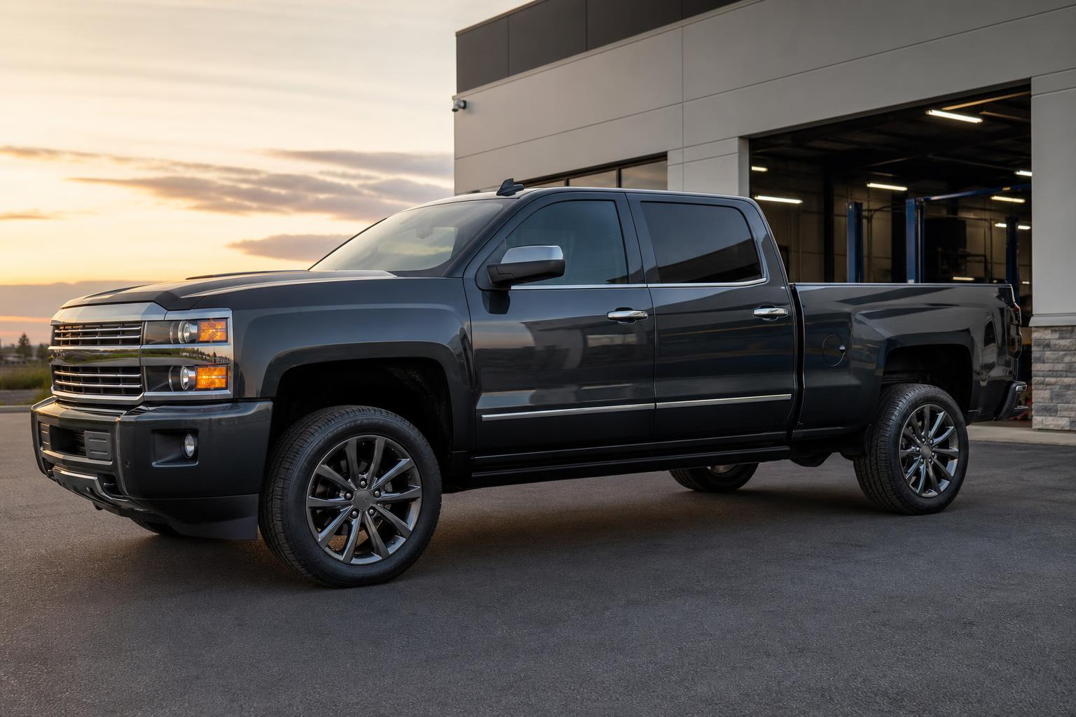 Top-of-the-line one-ton dually pickup truck parked outside a modern service shop