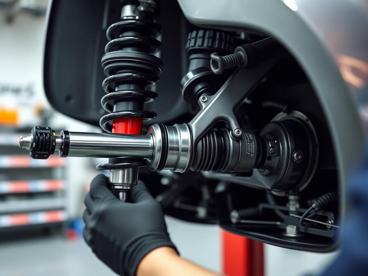 Coilover and control arm assembly being installed on a performance sedan