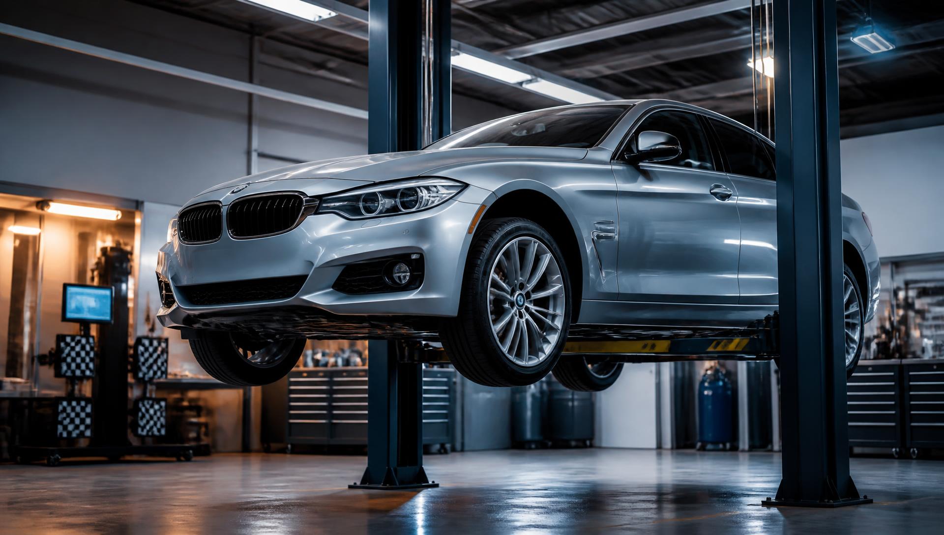 Silver sedan on a professional alignment lift in a clean modern service bay